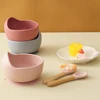 3PCS Baby Silicone Dinner Set Food Grade Tableware Sets For Kid Wooden Handle Spoon Fork Feeding Training Baby Dishes Baby Stuff 2
