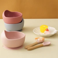 3PCS Baby Silicone Dinner Set Food Grade Tableware Sets For Kid Wooden Handle Spoon Fork Feeding Training Baby Dishes Baby Stuff 2