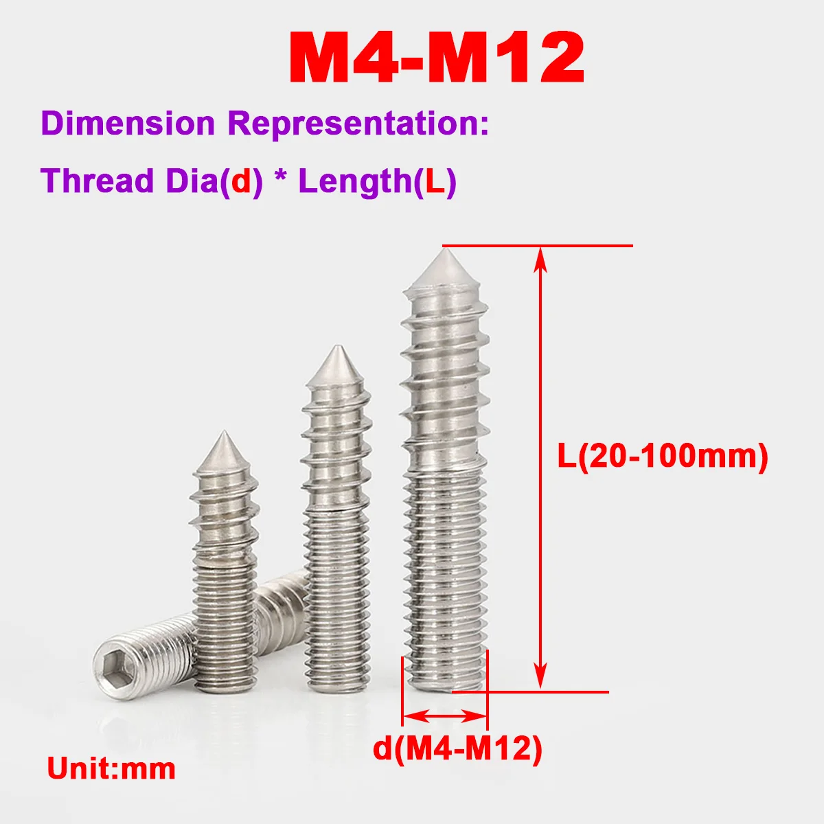 304 Stainless Steel Headless Hexagonal Socket Double Head Pointed Tail Self-Tapping Screw M4M5M6M8M10