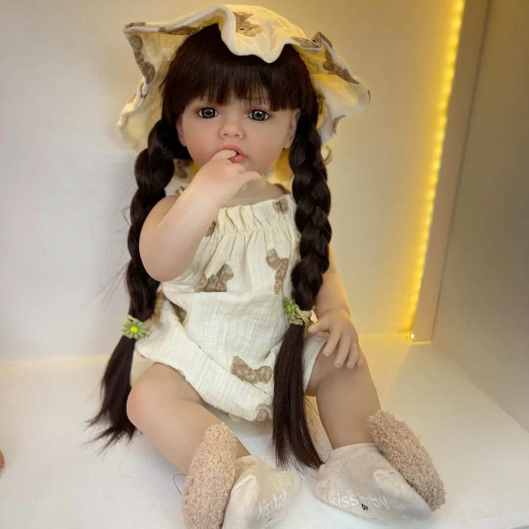 

BZDOLL Realistic Lifelike Full Silicone Body Reborn Baby Girl Doll 55 CM 22inch Toy Princess Toddler Bebe with Brown Long Hair