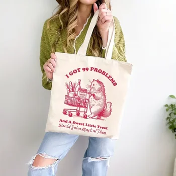 1 Adorable Cat Shopping Canvas Tote Bag - "I Got 99 Problems" Design with Cartoon Cat & Sweet Treats Illustration for Daily Use 1