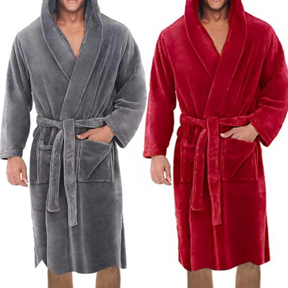 hooded nightgown flannel bathrobe women zipper one piece home wear extended warm pajamas men clothes couple robe sets sleepwear Solid Color Belt Flannel Bath Robe Hooded Pockets Warm Men Nightgown Home Clothes