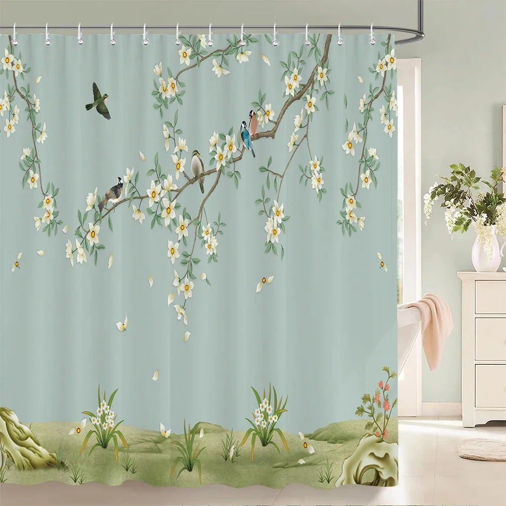 Flowers Birds Bath Curtain Waterproof Fabric Shower Curtains Floral Leaves Landscape Printing Bathroom Screen Home Decoration 4