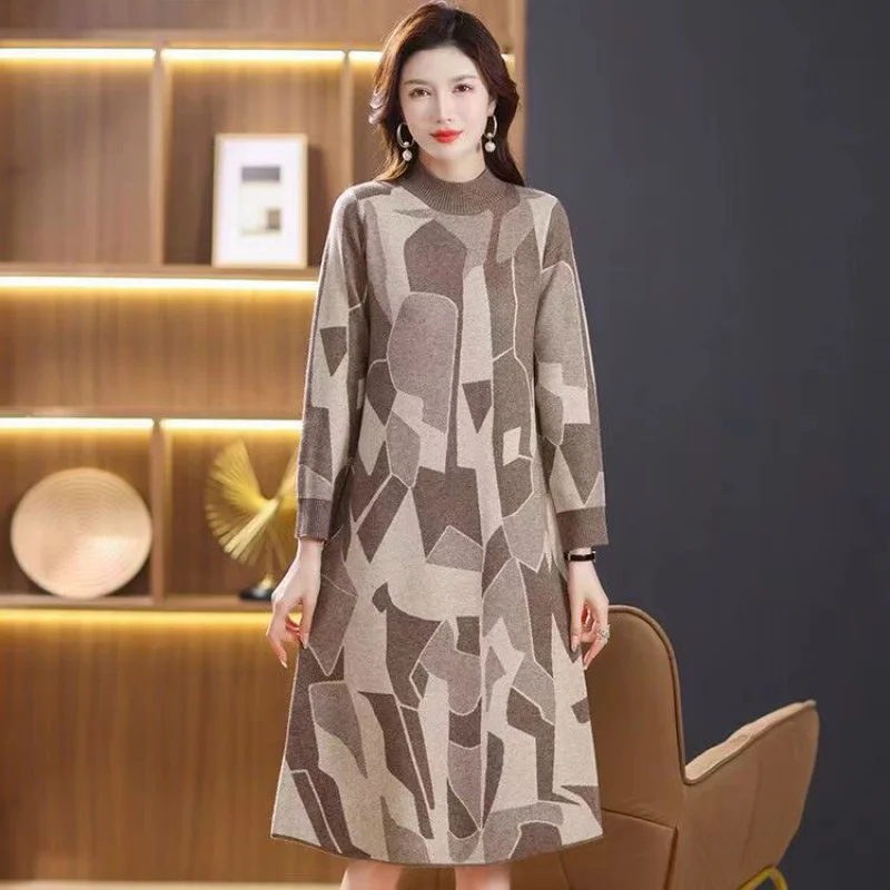 

2023 New Fashion Knitted Sweater Dress Women's Autumn and Winter Vintage Half High Neck Loose Fit Holiday Casual Dress Vestidos