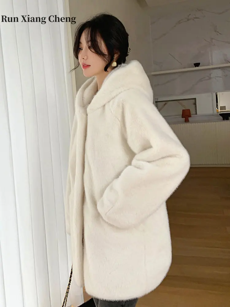2023 Winter Thickened Mink Cashmere Mink Coat Female Medium-length Hooded Korean-style Eco-Friendly Fur Coat Women's Temperament