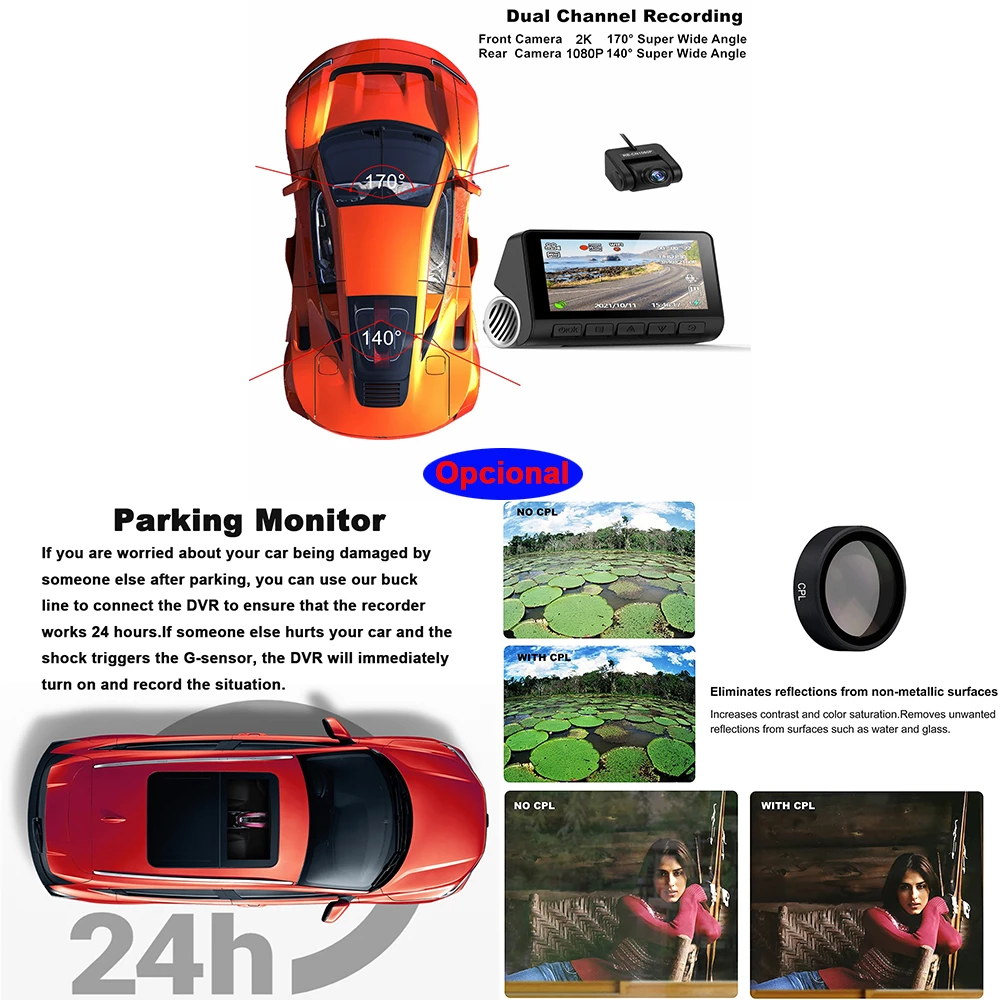 XYZCAM   ī޶, 3.0 ġ LCD WiFi ڵ DVR, 24 ð  , GPS Ʈ, 1080P Ĺ ķ, 170  FOV ڵ ڴ, 2K, 4K