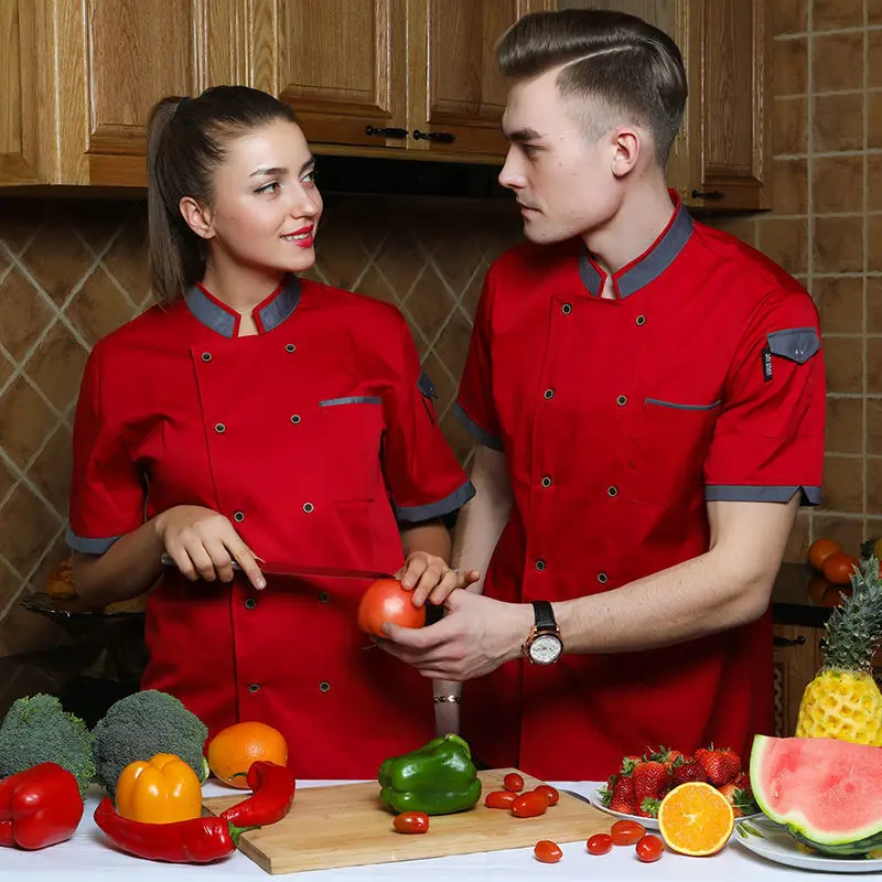 White Men Chef Jacket restaurant Bakery Food Service Short Sleeve Breathable Double Breasted chef uniform Cooking coat Free logo