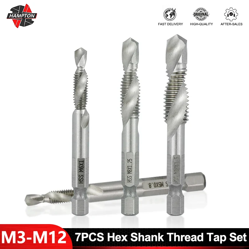 HAMPTON Hex Shank Metric Tap Combined Tap and Drill Spiral Flute HSS Thread Screw Tap Threading Tool M3 M4 M5 M6 M8 M10 M12