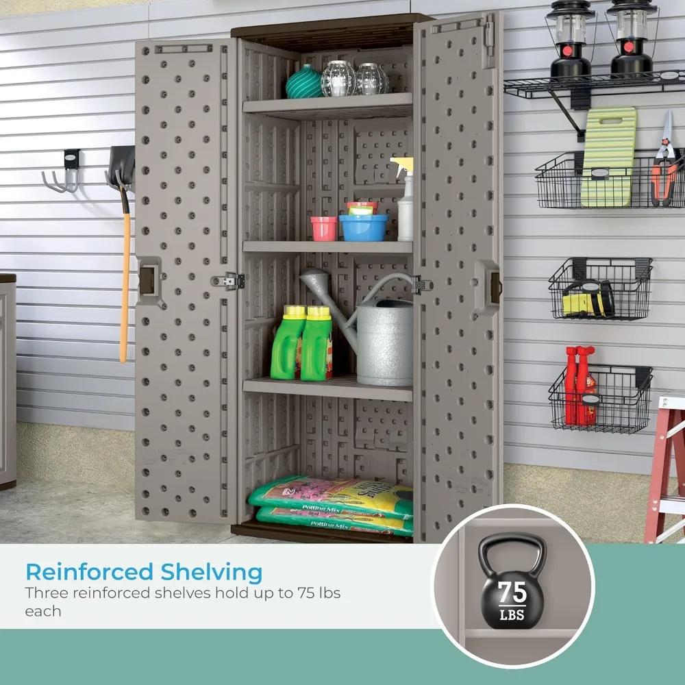 tall storage cabinet, platinum resin outdoor & garage storage cabinet with doors & shelves, plastic, weather-resistant, lockabl