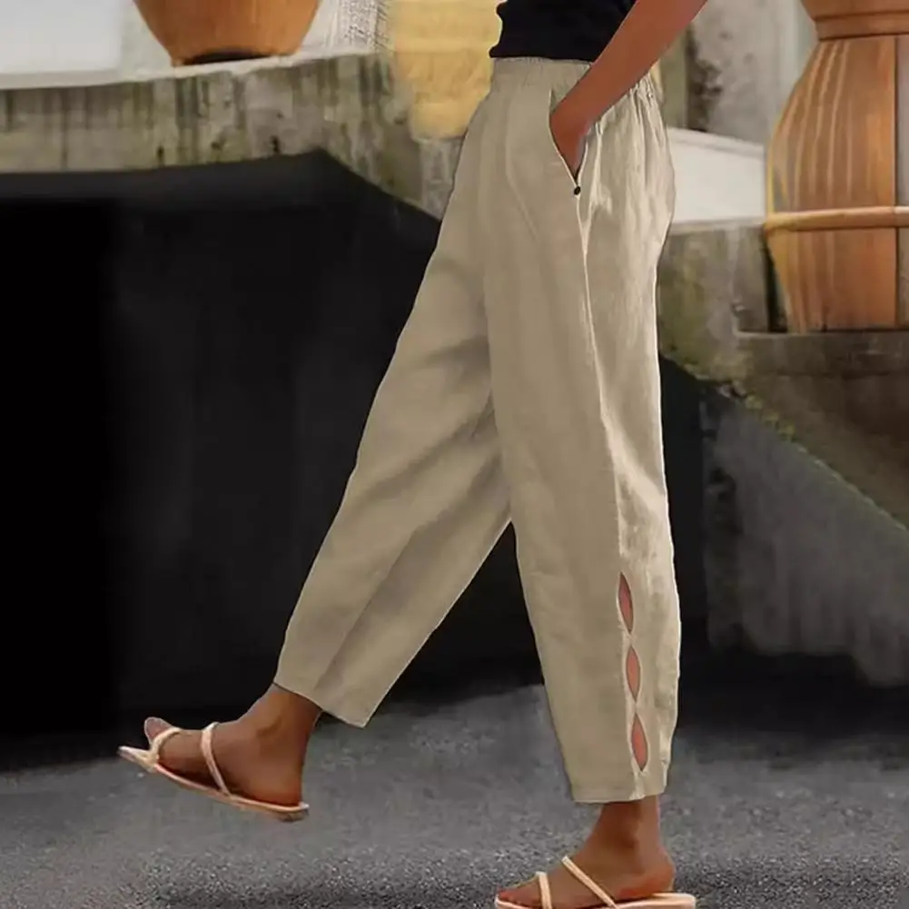 

Женские прямые спортивные брюки, стильные женские летние брюки со средней посадкой и эластичной талией, однотонные повседневные брюки с боковыми вырезами