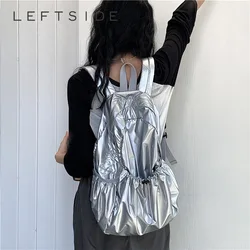 LEFTSIDE 2023 Silver Big Drawstring Back Pack PU Leather Korean Fashion Backpack for Women School Bags for Teenagers Girls