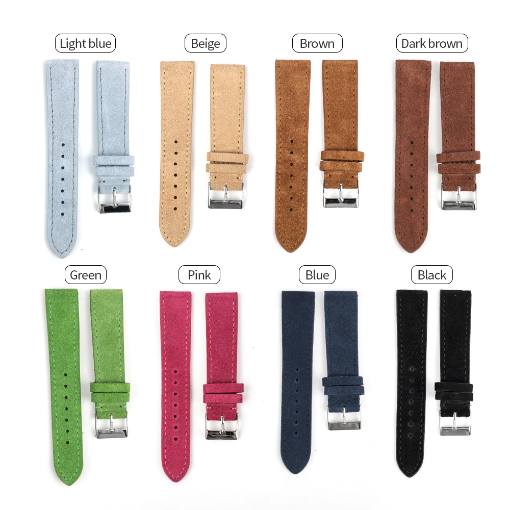 Luxurious Genuine Suede Leather Watch Strap with Stainless Steel Buckle - Available in Brown, Blue, and Black