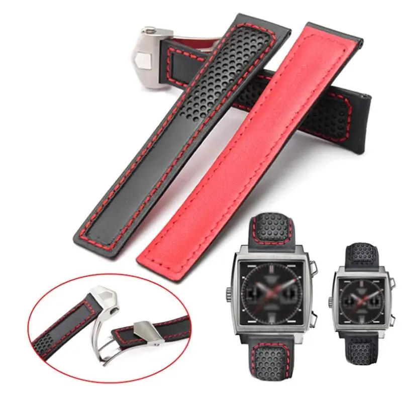 SCHIK Genuine Leather Strap 22mm For Tag Heuer F1 Watchband Red Stitches Wristwatches Band Fold Buckle Leather Watch Bracelet