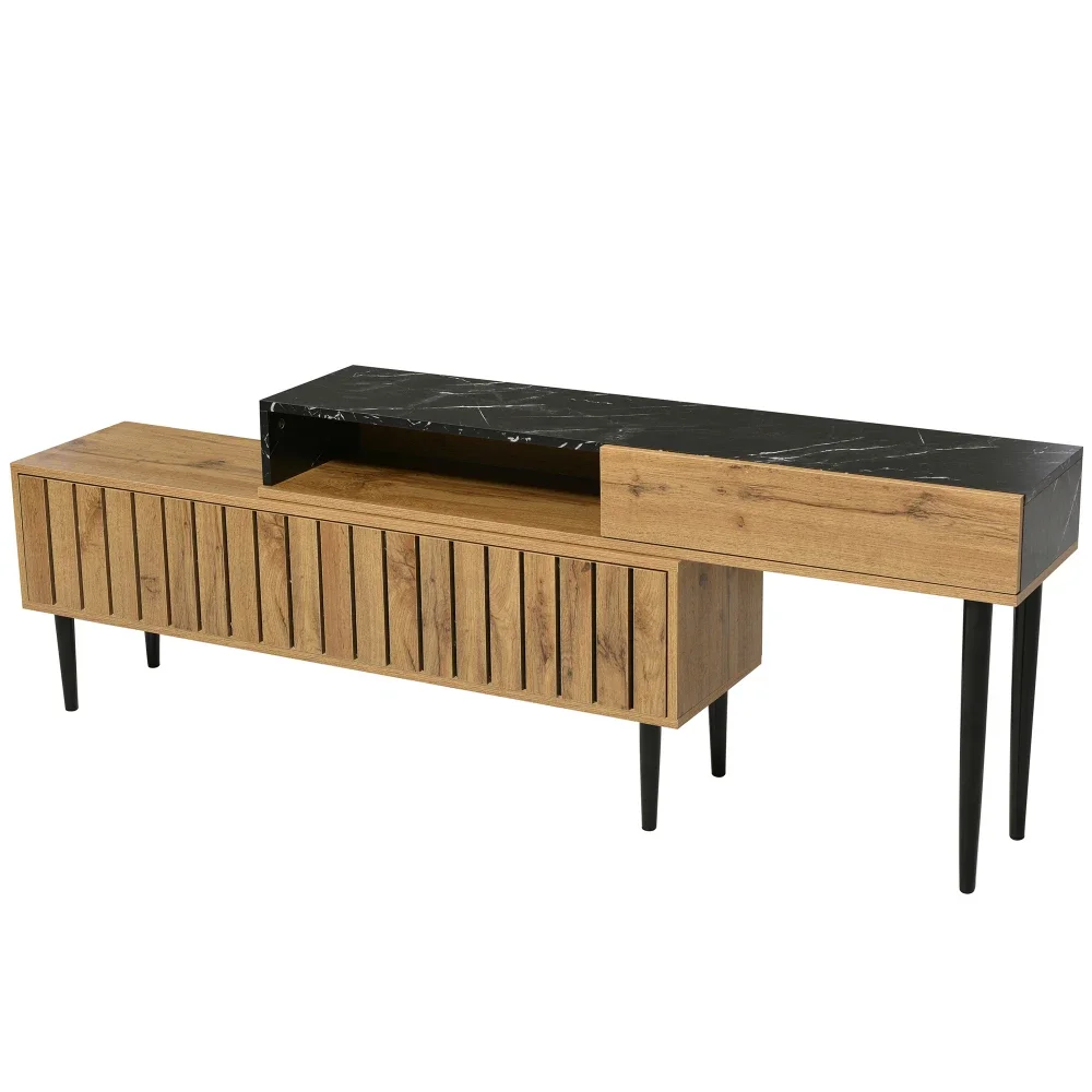 Moderner TV-Ständer aus dunklem Holz mit Marmorplatte – Holzschnitzerei, PVC-Kante und Eisenbeine | Langlebige Konstruktion, ideal für das Wohnzimmer – Detail 12