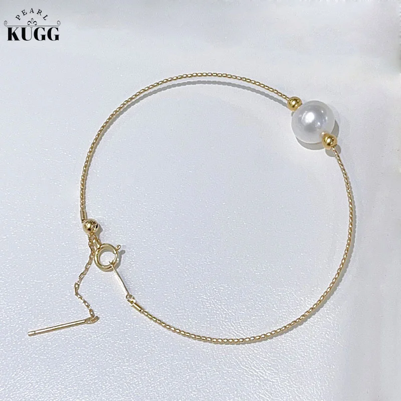 KUGG PEARL 18k Yellow Gold Pearl Bracelet Fashion 8-9mm Natural Freshwater White Pearl Handmade Jewelry for Women and Girls