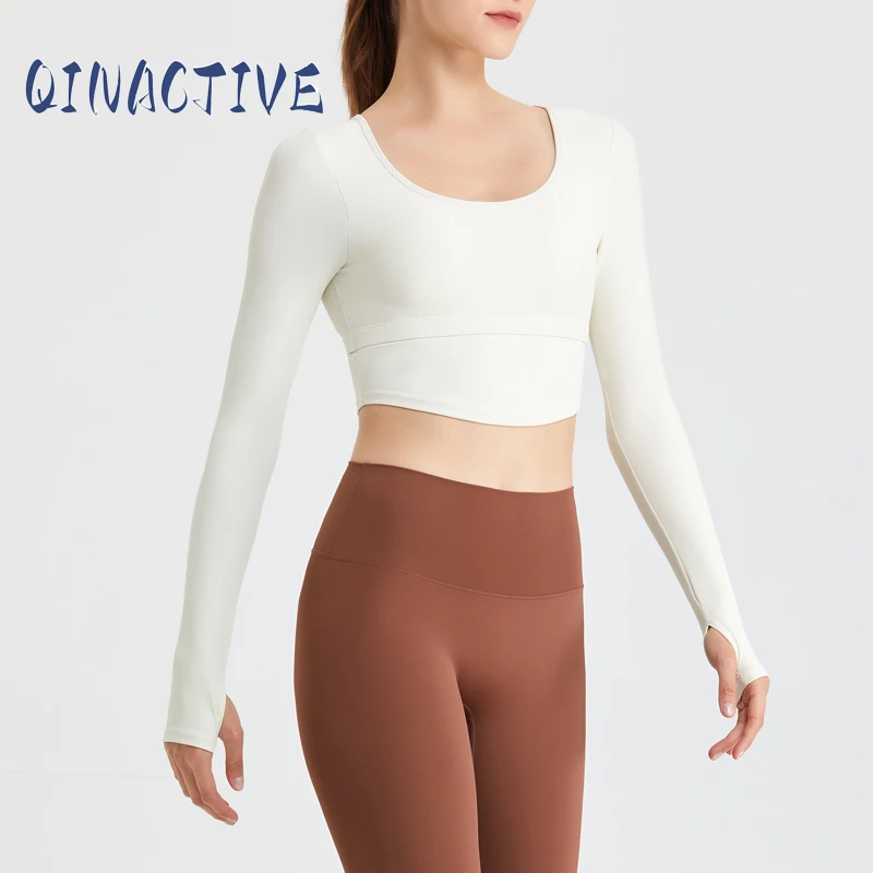 QINACTIVE Yoga suit with long sleeves chest pads new autumn winter tight fitting top T-shirt sport running training fitness suit