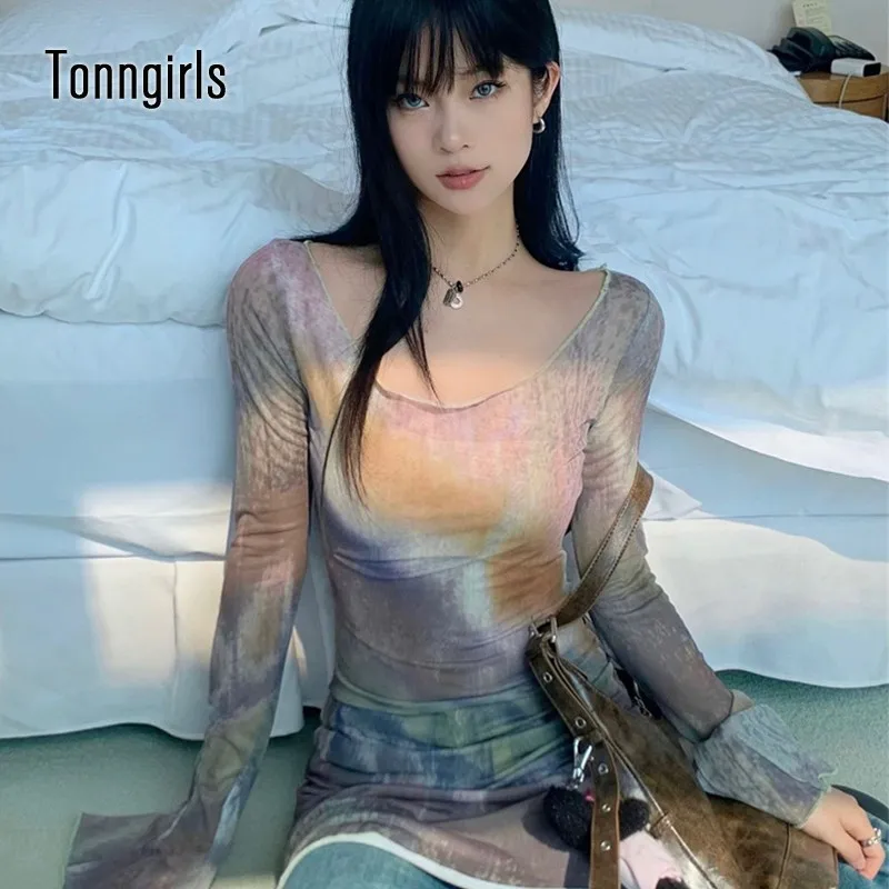 Винтажная Футболка Tonngirls с принтом тай-дай, женские просвечивающие Ретро Топы Y2k, уличная одежда в стиле 1920-х, японские сетчатые топы с расклешенным рукавом