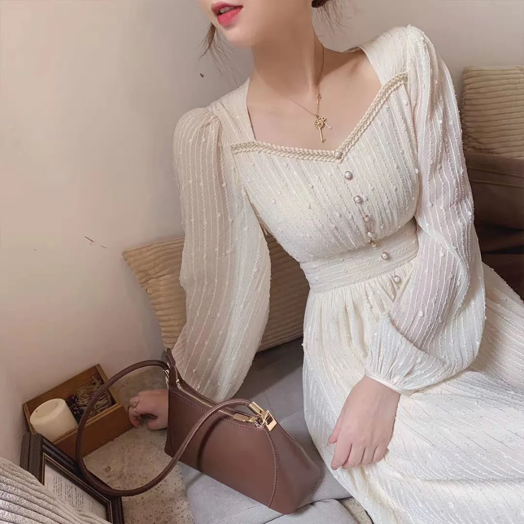 

French Vintage White Midi Dresses Women 2023 Summer New Fashion Elegant Princess A-Line Clothes Long Sleeves Party Ladies Dress