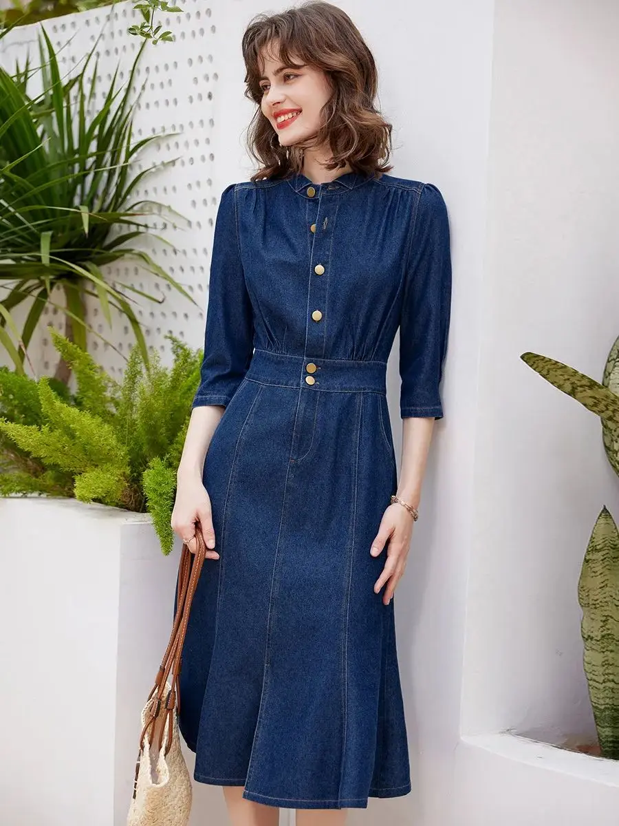 [MLB] Classic Monogram JQD Denim Dress ★大人気★ ชุดเดรส Women'S Classic Random Jacquard Monogram Denim