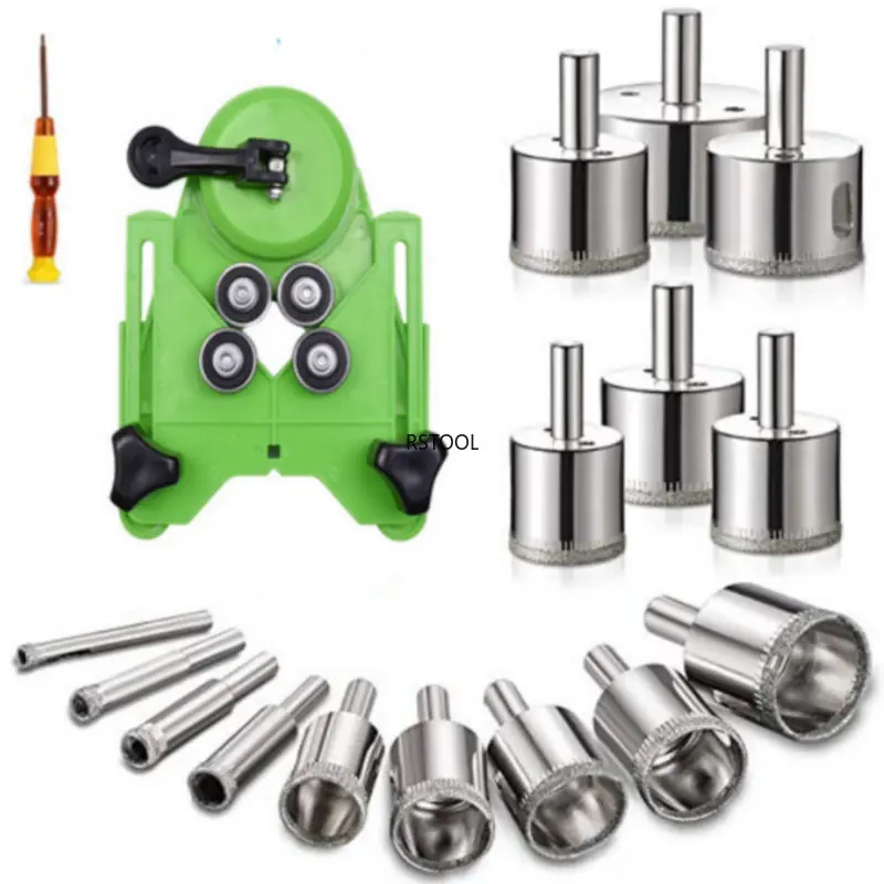 17PCS Diamond Drill Bit Set with Hole Saw Guide Jig Fixture,  Adjustable Centering Locator Suction Holder Glass Ceramics Tile 20 pcs diamond drill grinding bit set with 1 8 inch shank stone carving rotary tools for polishing tile ceramics marble granite