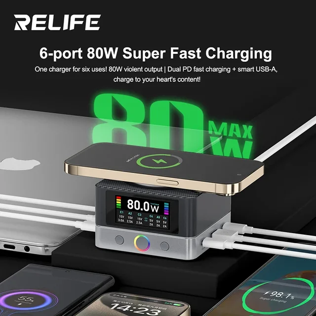 تستر RELIFE Q7 (بقوة 80W) – 6 مخارج مع شاشة ألوان HD 1