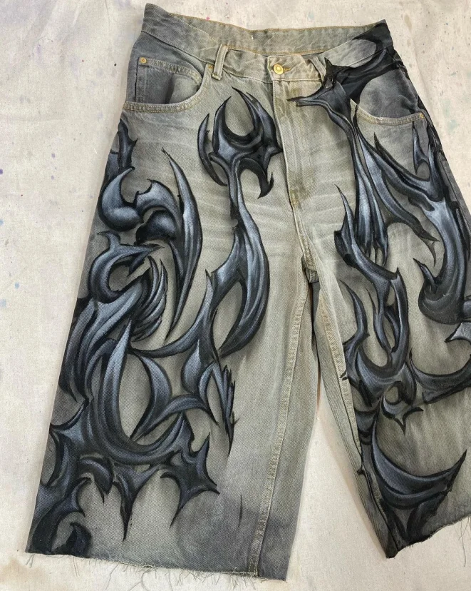 Denim Shorts Sfumato dark pattern loose washed old blue hip hop street men's zipper straight wide leg niche casual printed denim cut shorts denim shorts summer jeans shorts