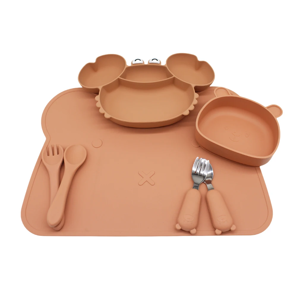Baby Dinner Plate Compartment Plate Suction Cup with Bear Placemat Bear Bowl Children's Supplementary Tableware 2