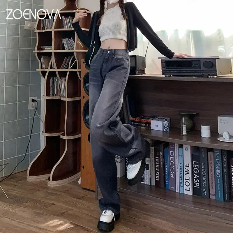 ZOENOVA 아메리칸 레트로 여성 하이웨이스트 스트리트웨어, 워싱 루즈 스트레이트 팬츠, 와이드 레그 모핑 청바지, XS-XL, 2023 여름 신상