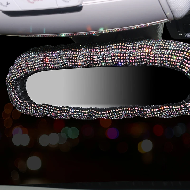 Leather Car Rearview Mirror Cover Charm Crystal Car Mirror Rhinestonecar Decoration Bling Assessoires Interior For Women Rearview Mirror Cover