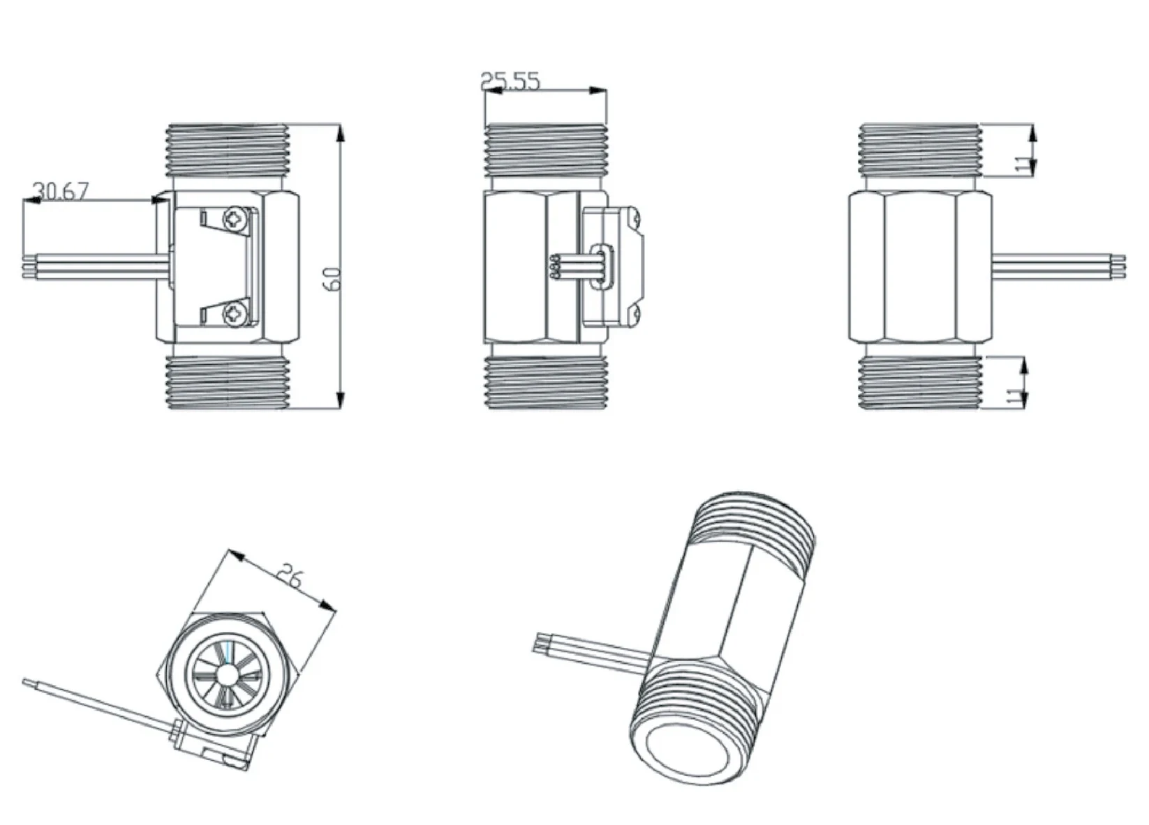 Water Flow Sensor Hall Effect Flow Meter Brass Valve Body Liquid Flow Rate Senso