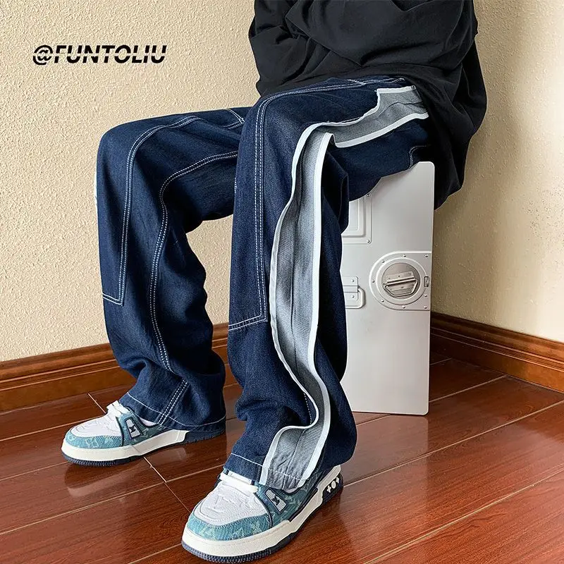 Men's pants splicing style wide leg jeans men's pants trend ins all loose straight leg high street American droopy feeling