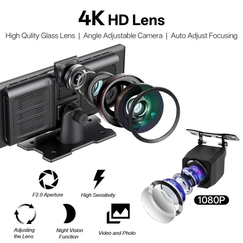 10.26” 4K DVR Portable Car Radio Wireless CarPlay Android Auto Dash Cam IPS Touc