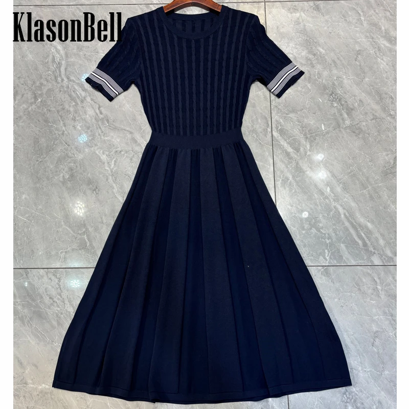 

3.18 KlasonBell Fashion Elegant O-Neck Cuff Striped Spliced Short Sleeve Stretch Knit Collect Waist Midi Pleated Dress Women