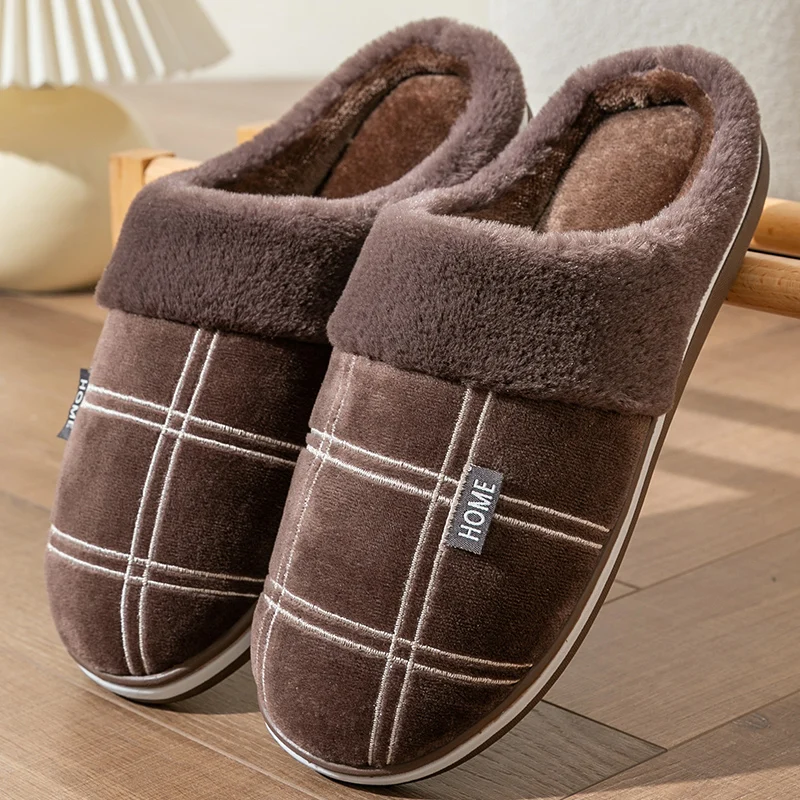 

Classics Winter Men Slides Male slippers Shoes Suede Warm Gingham Plush Velvet Non slip Waterproof Fur home men slippers 2024