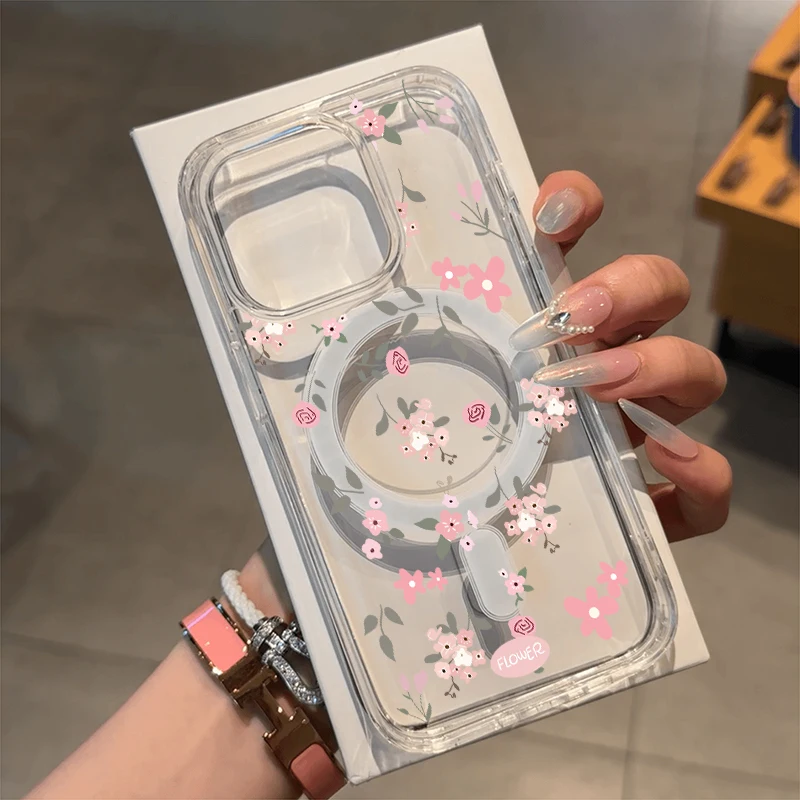 Floral Magnetic Transparent Phone Case with Magsafe Wireless Charging Capability