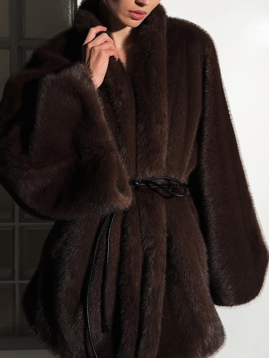 Winter Luxury Solid Lace Up Faux Fur Coat Women Long Sleeve Pockets Loose Thick Coat Woman High Quality Soft Fur Jacket Outwears