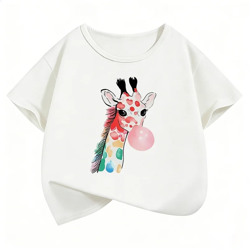 Y2k Giraffe with Gum Printed Short Sleeve T Shirts Animal Kids Children's T-shirt Boys Girls Summer Spring Casual Top Tee Shirt 2