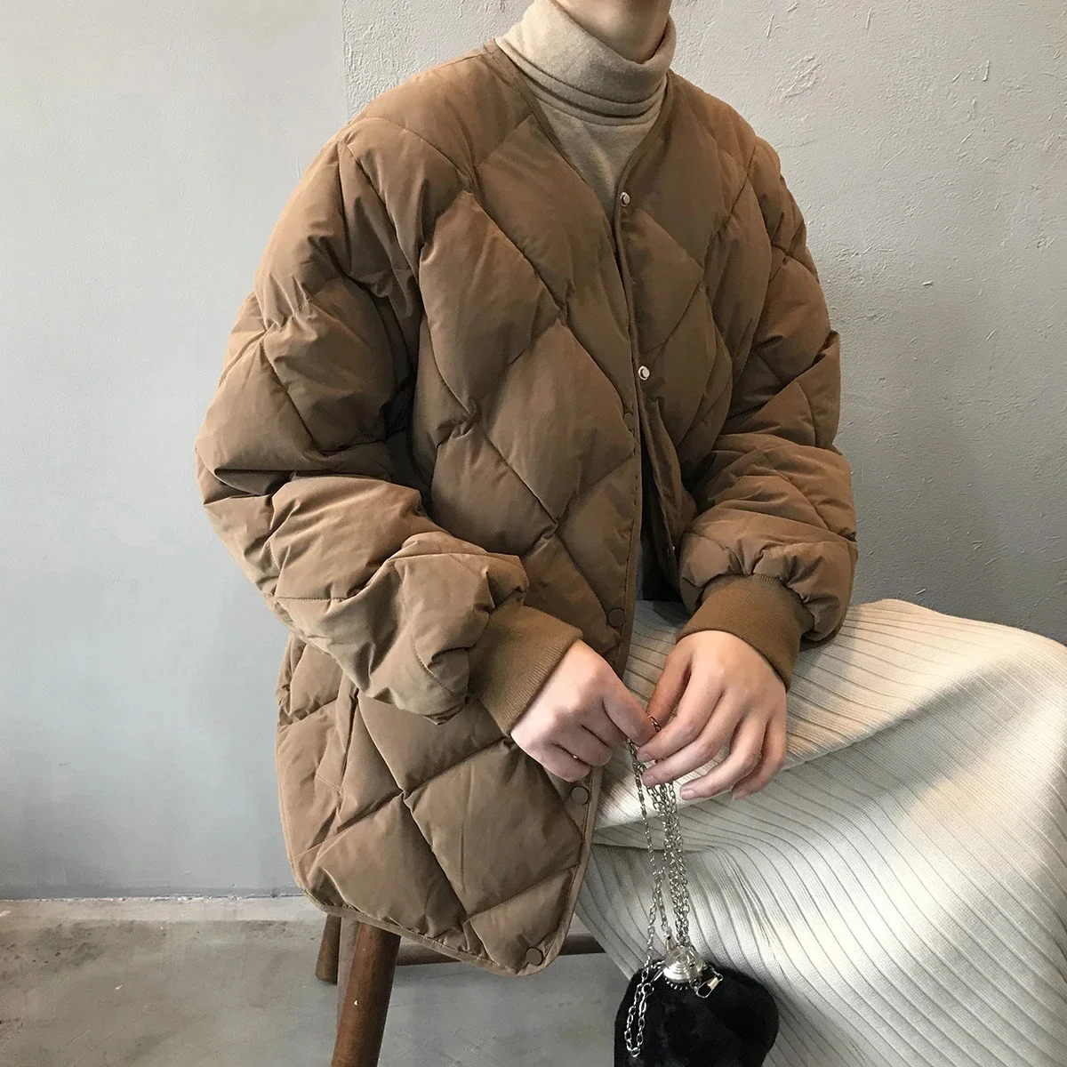 Autumn Winter Quilted Down Jackets Woman Parka Simple Rhombus Thick Oversized Jacket Office Lady Winter Women's Cold Coat Korean
