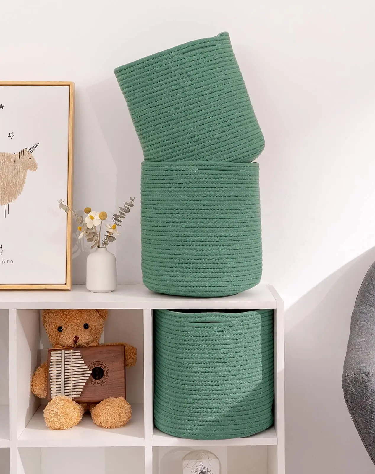 

Фотокорзины-11x11x11 дюймов, подходят для 12x12 дюймов кубические книжные полки, плетеная хлопковая корзина для хранения, круглая 3 шт. в упаковке, зеленая