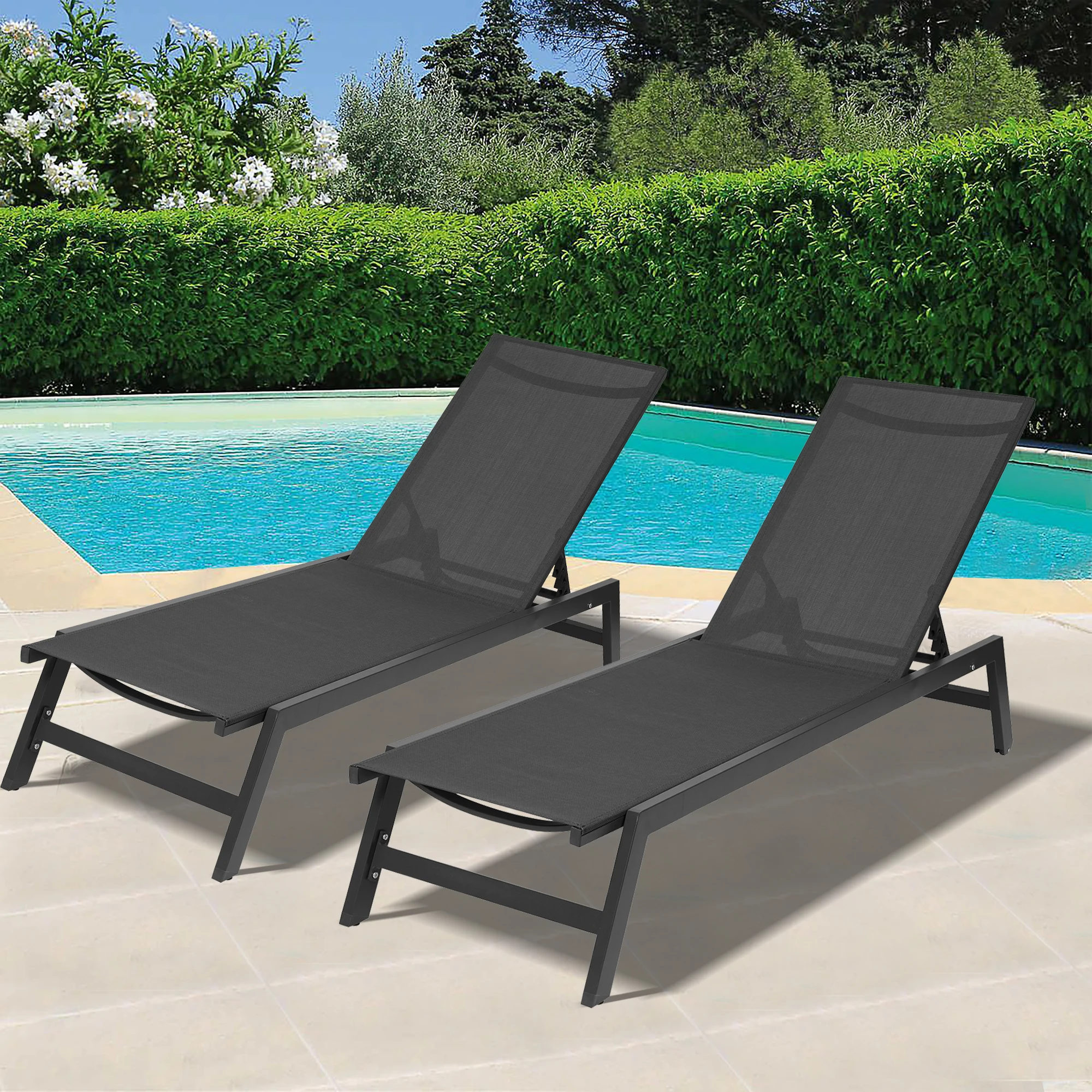 

Outdoor 2-Pcs Set Chaise Lounge Chairs,Five-Position Adjustable Aluminum Recliner,All Weather for Patio,Beach,Yard,Pool