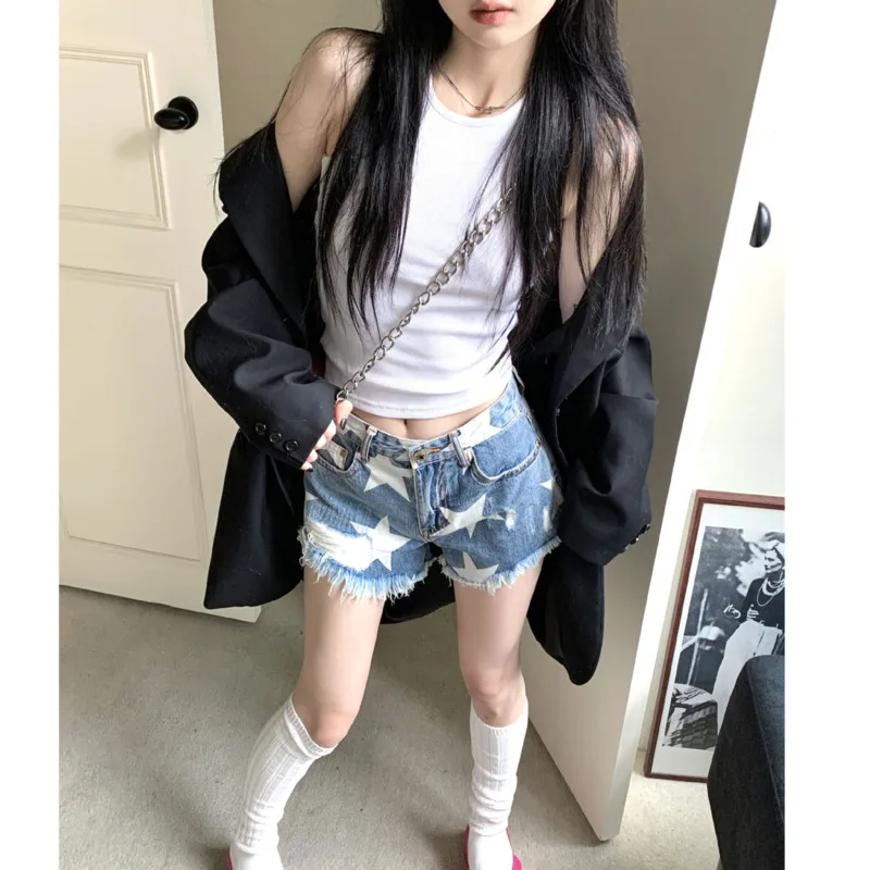 Printed Perforated Spicy Girl Plush Blue Denim Shorts Women's 2023 Summer New French Slim Fit Slim Hot Pants