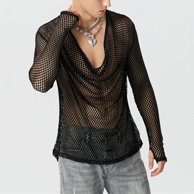 

Party Fashion Mesh T-shirts Men Sexy Loose V Neck Tops Night Club Gay Clothing Y2K Tee Hollow Out Breathable See Through T Shirt