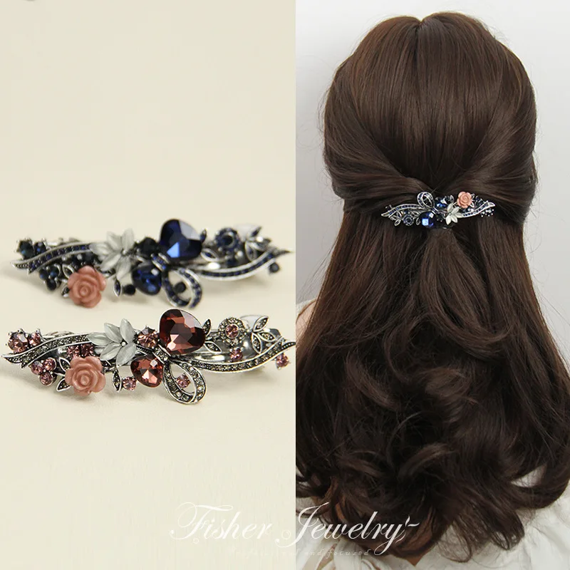 Hair Clip Red Crystal Flower Bow Spring Vintage Ink Blue Rhinestone