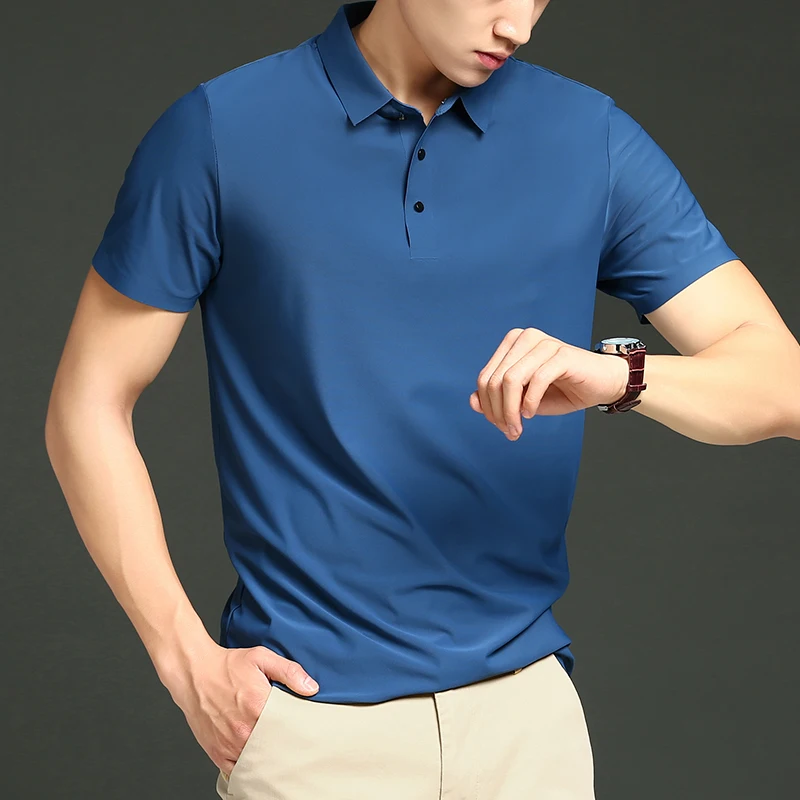 Summer Ice Silk Mens Polo Shirts Luxury Short Sleeve Solid Color Business Casual Male Tops Fashion Simple Slim Man Tees