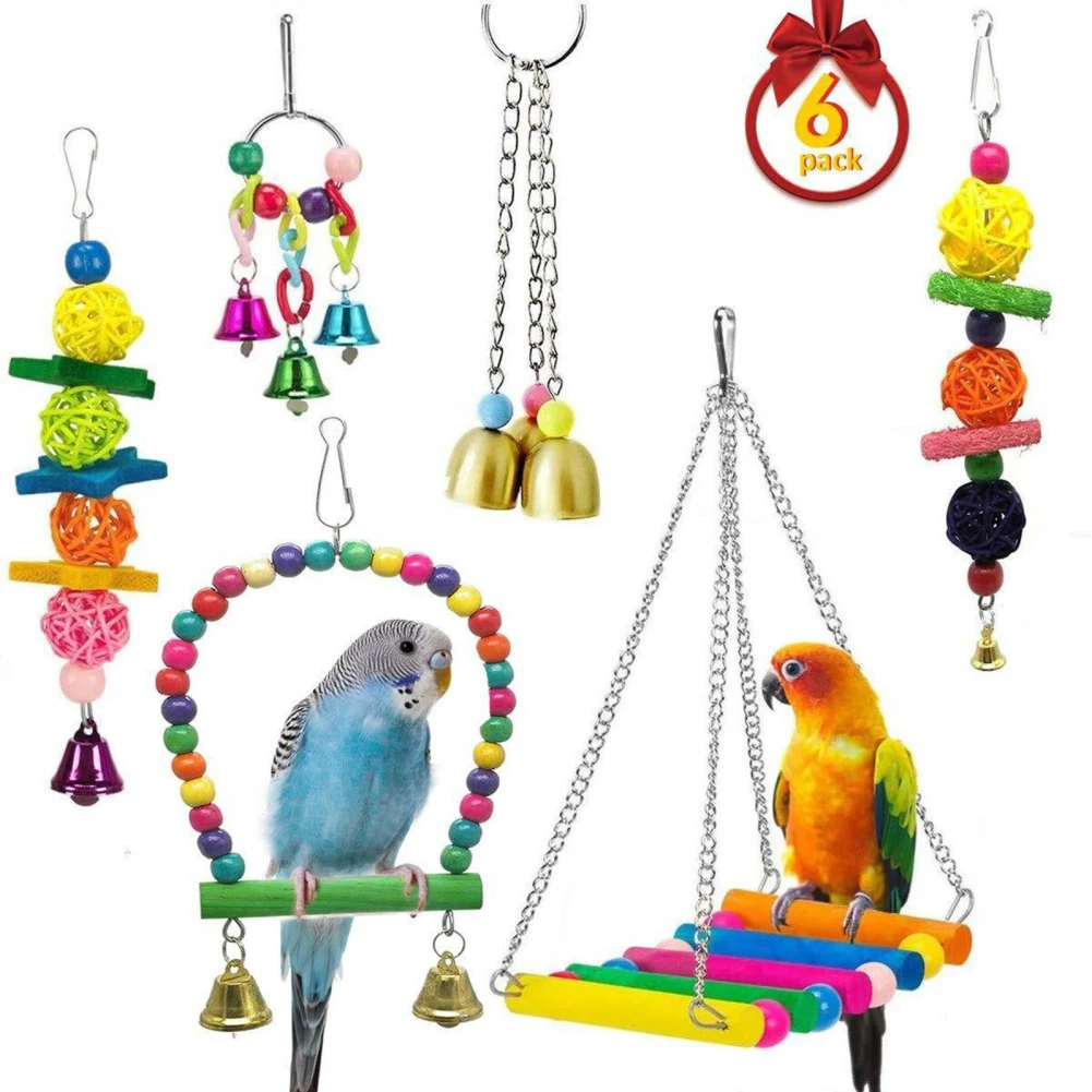 

6pcs Bird Chewing Toy Wood Iron Ladders Swing Colorful Hanging Bell Pet Supplies Cage Accessories Toy Wholesale