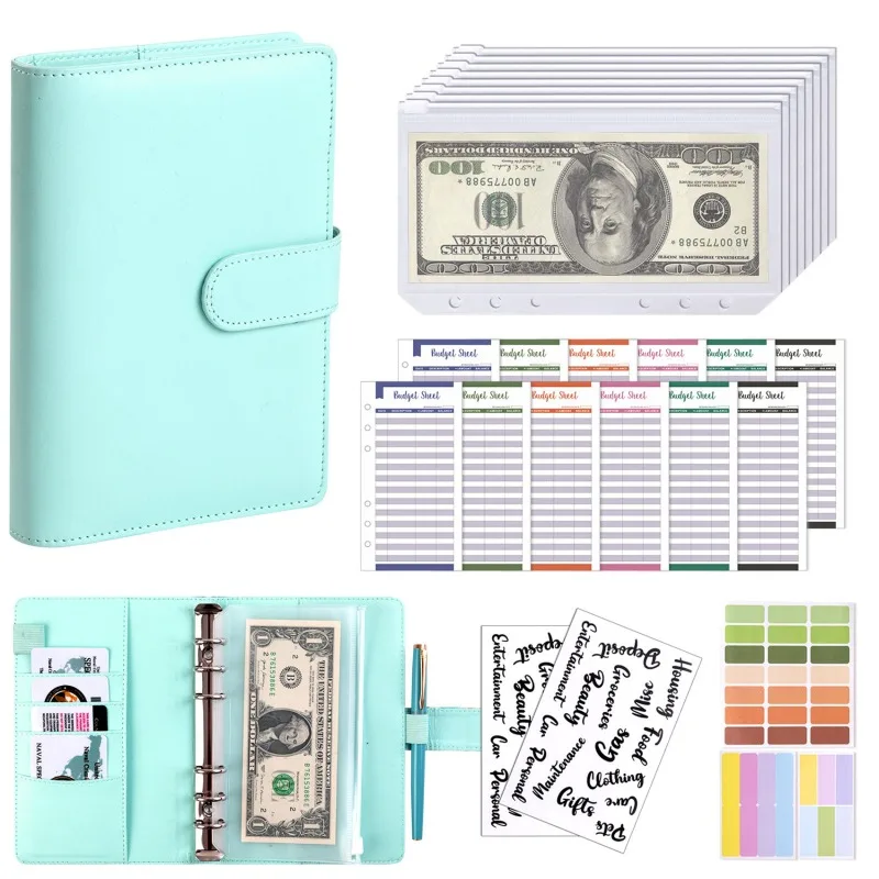 PU Leather A6 Budget Binder with Cash Envelope Pockets & Zipper