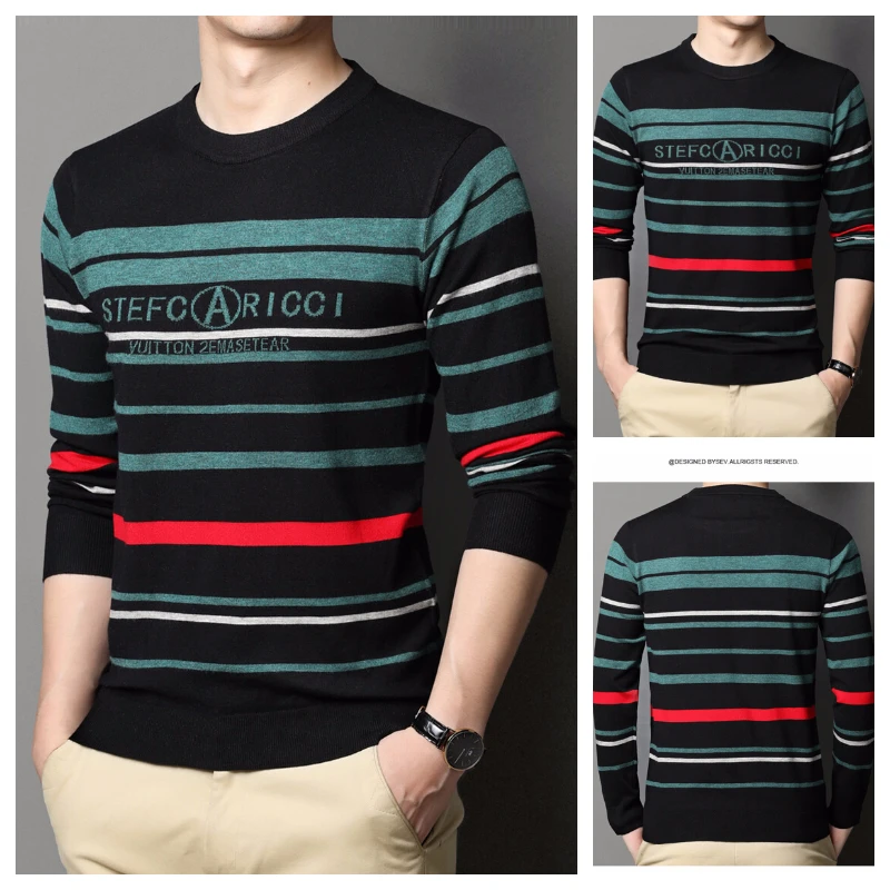 2023 Maglione Sottile A Maniche Lunghe Girocollo Da Uomo Autunno Underlay Tri Color Stripe Slim Fit