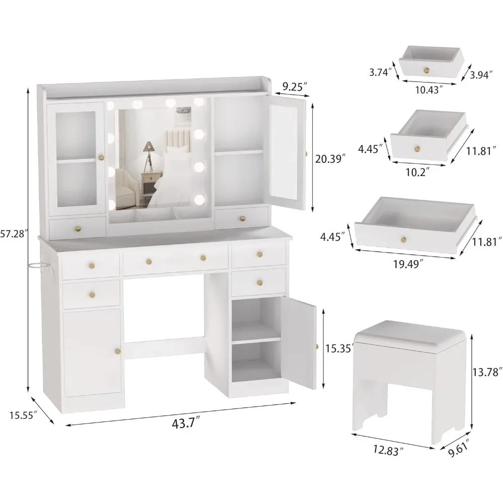 Cabinets Makeup Vanity Table Vanity Desk with Mirror and Lights, White Vanity Mirror with Lights Desk and Chair &7 Drawers 2