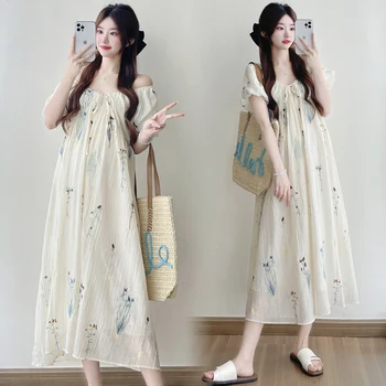 Summer Puff Sleeve Drawstring Collar Pregnant Woman Dress Embroidered Long Loose Pregnancy Dress Vacation-Style Maternity Dress