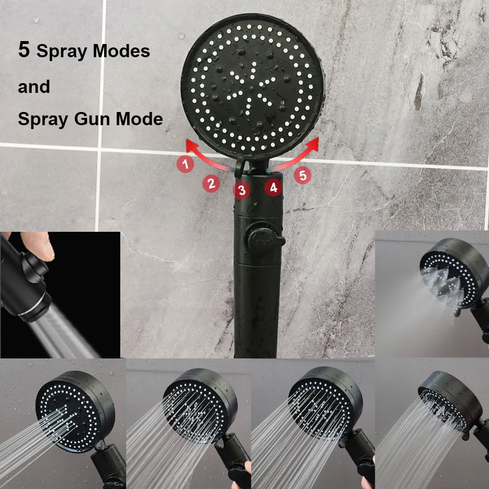 5 Modes Shower Head Black Silver 360 Degrees Rotating High Pressure Sprayer Nozzle Filter Bathroom Shower heads with Stop Button 2